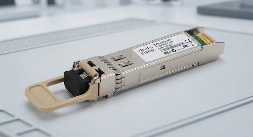 Cisco SFP-10G-SR genuine 10G optical transceiver module with beige pull-tab latch on clean technical background