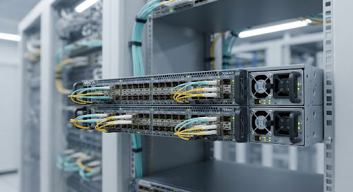 Arista 7050X3 high speed datacenter optical leaf switch featuring ultra dense 25G and 100G cage bays viewed from front angled perspective