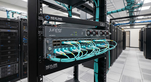 Juniper MX204 router with fiber connections